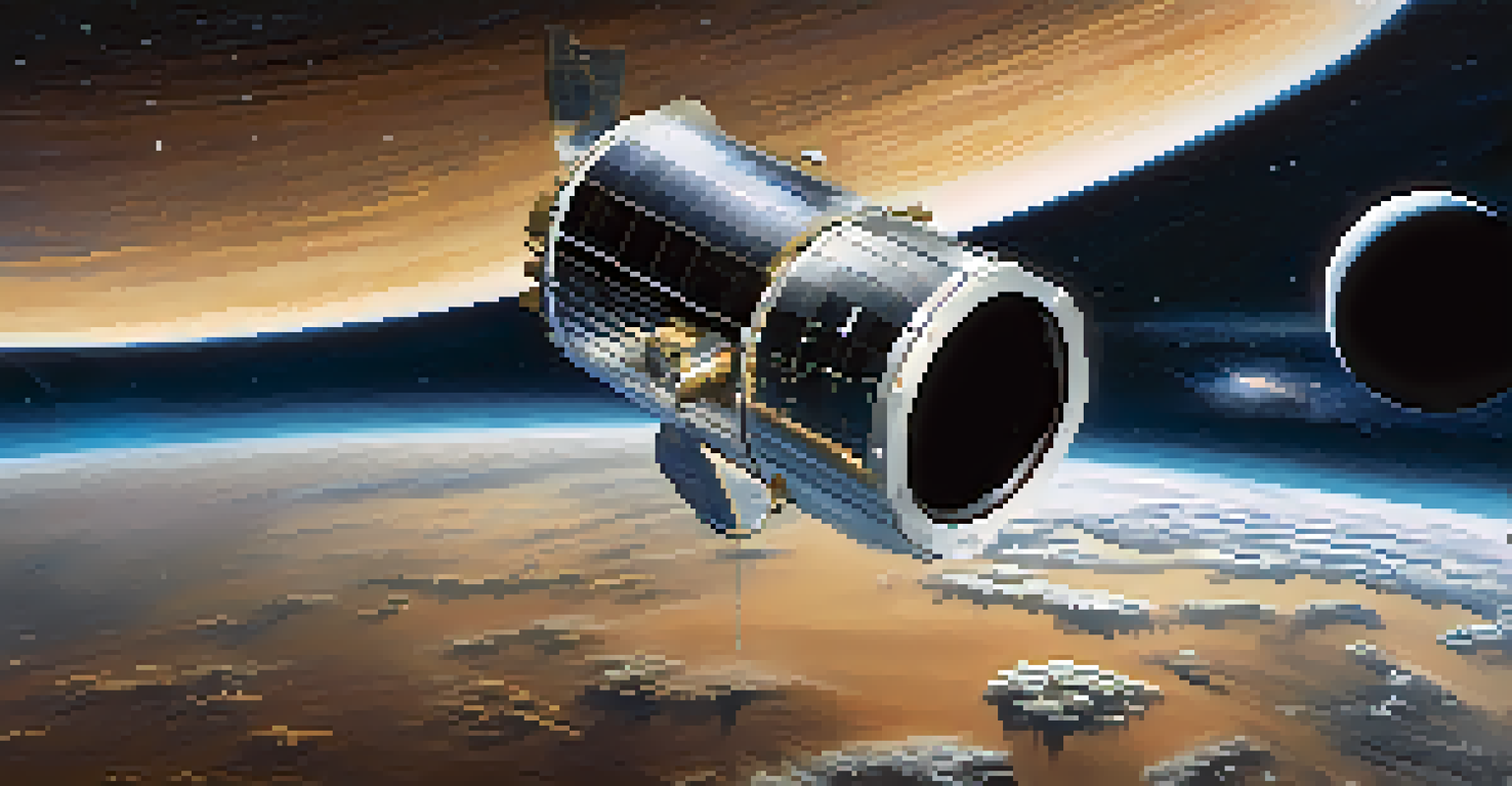 A futuristic space telescope orbiting Earth, with a view of the planet and distant galaxies in the background.