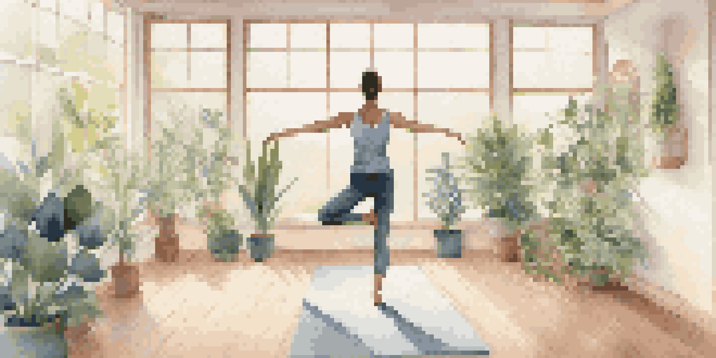A person performing Mountain Pose in a bright and serene yoga studio filled with natural light and indoor plants.