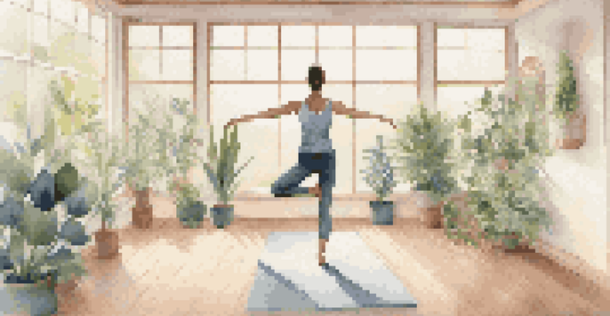 A person performing Mountain Pose in a bright and serene yoga studio filled with natural light and indoor plants.