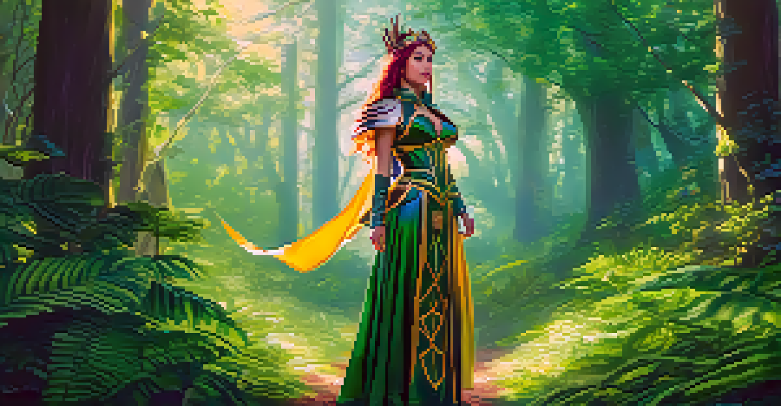 A cosplayer in a fantasy costume poses in a lush forest, with sunlight filtering through the trees and highlighting the intricate details of the outfit.