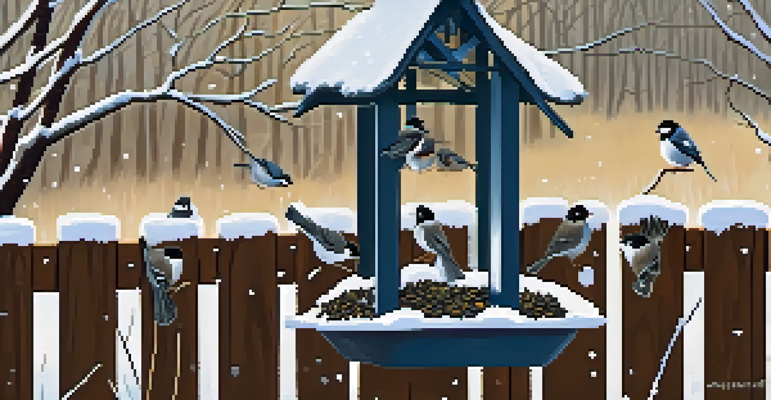 A bird feeder filled with sunflower seeds in a snowy backyard, with juncos and chickadees flying and feeding nearby.