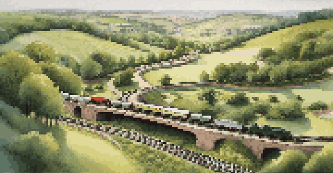 A miniature model railroad scene with straight and curved tracks, surrounded by green fields and trees, showcasing a small train on the tracks.
