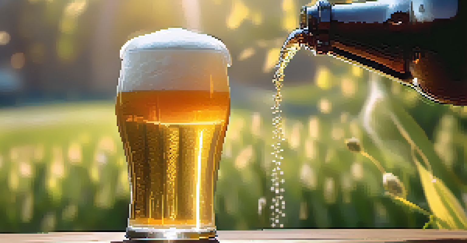 A close-up of a golden beer being poured into a glass, with bubbles and hops in the background.