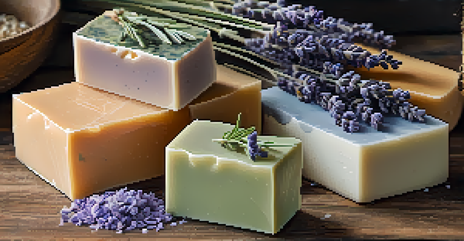 An artistic arrangement of colorful homemade soaps in various shapes on a rustic wooden surface, surrounded by dried lavender, oatmeal, and fresh herbs, illuminated by warm sunlight.