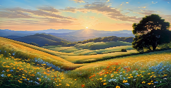 A beautiful landscape with colorful wildflowers in an open field under a clear blue sky and a golden sunset.