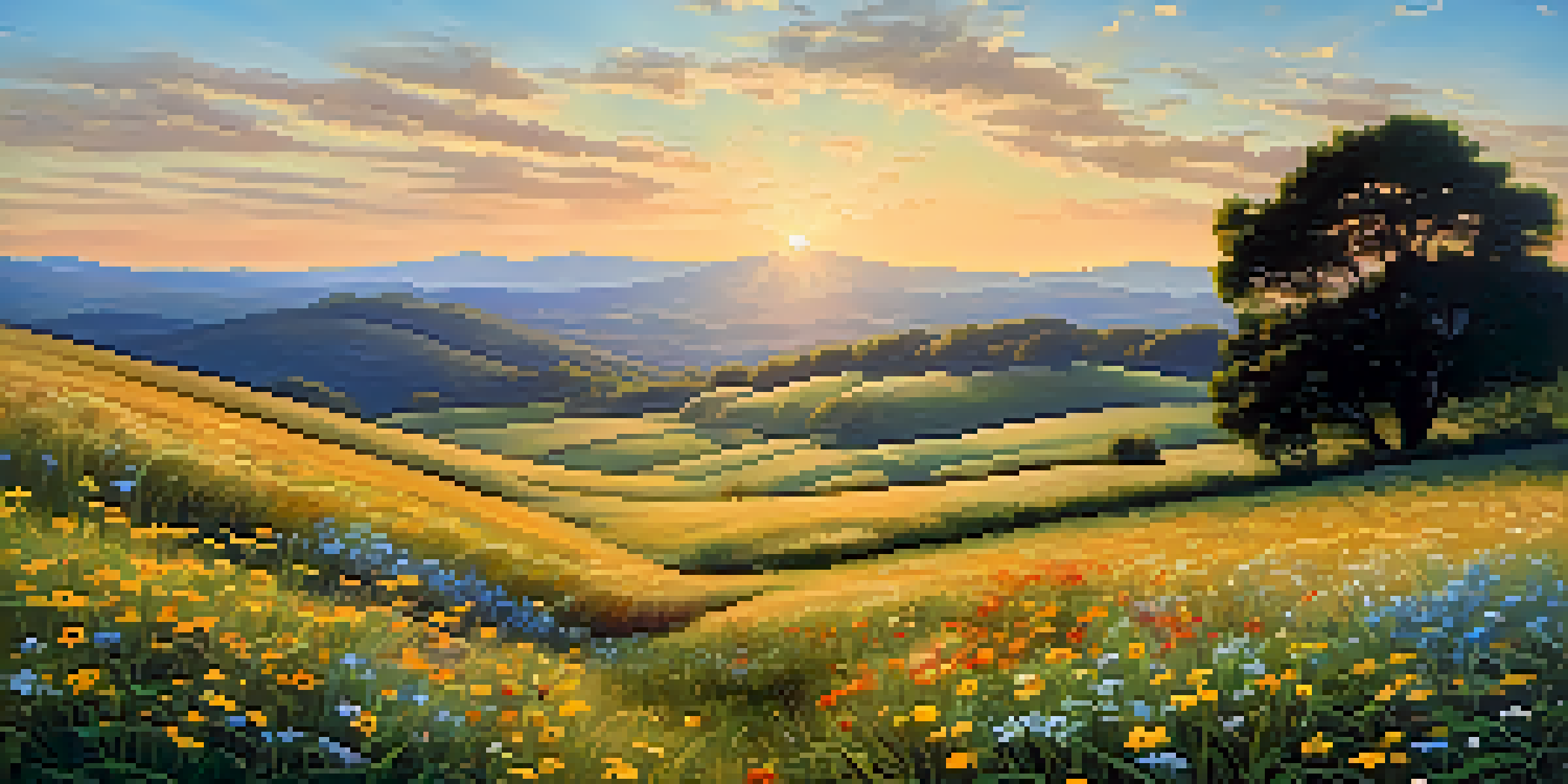 A beautiful landscape with colorful wildflowers in an open field under a clear blue sky and a golden sunset.