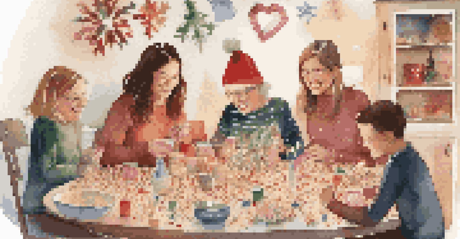 A family enjoying a craft night, making homemade decorations together around a table filled with festive materials.