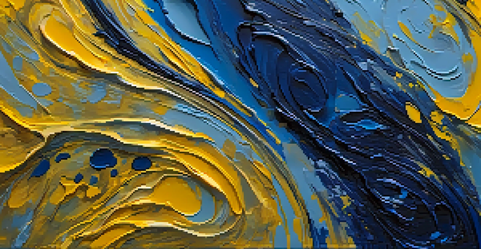An abstract close-up of thick oil paint with dramatic textures in swirling blue and yellow colors.