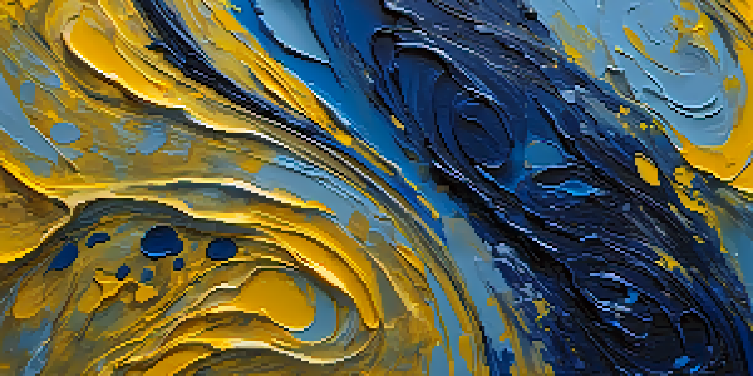An abstract close-up of thick oil paint with dramatic textures in swirling blue and yellow colors.