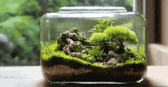 A clear glass bonsai terrarium showcasing a small Juniper bonsai tree, lush green moss, and tiny ferns, illuminated by soft natural light.