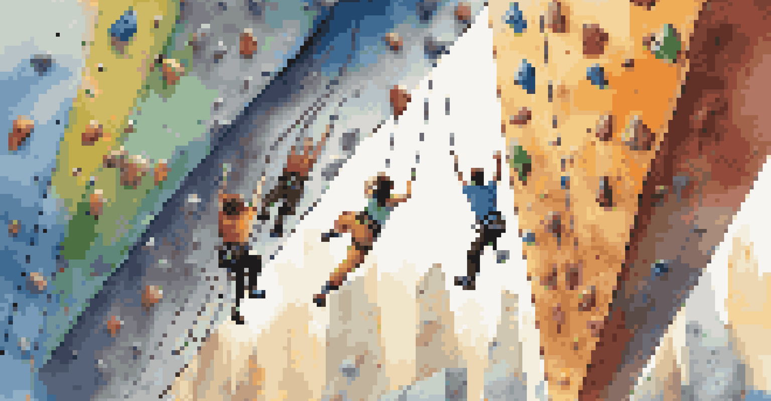 A group of friends climbing an indoor wall, dressed in climbing gear, showing focus and excitement, with colorful holds and bright lights around them.
