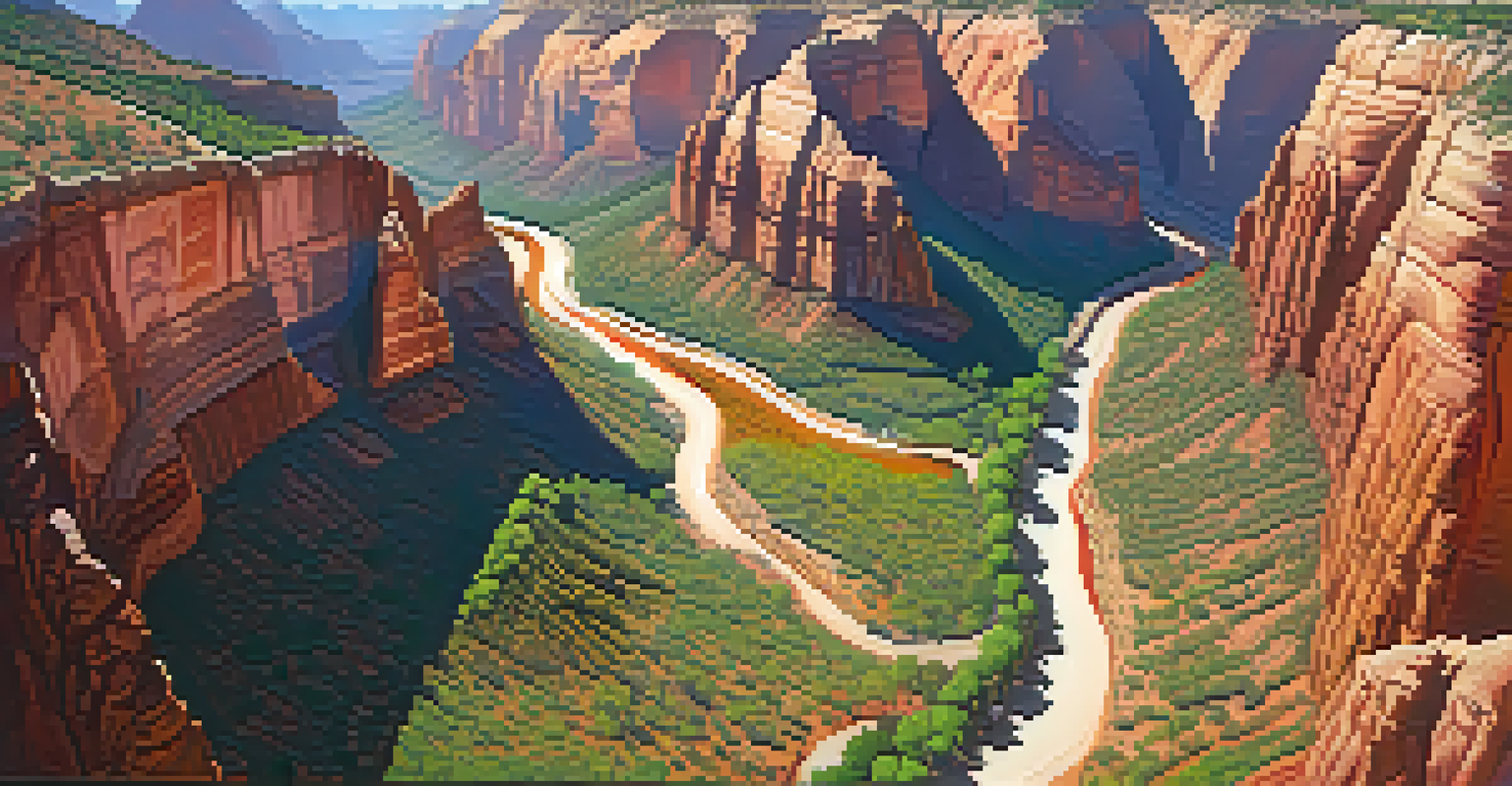 An aerial view of Zion National Park showing colorful canyons and winding trails in the rock formations.