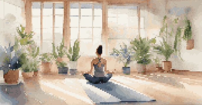 A person in Child's Pose in a bright yoga studio filled with plants and soft natural light.