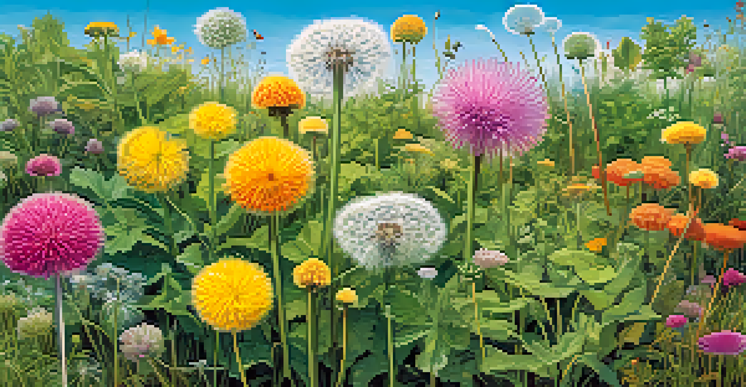 An illustration showing beneficial weeds in a garden with labels explaining their positive attributes.