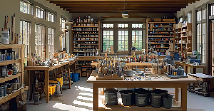 A bright and organized scale model workshop with a workbench full of tools and model kits, illuminated by natural light.