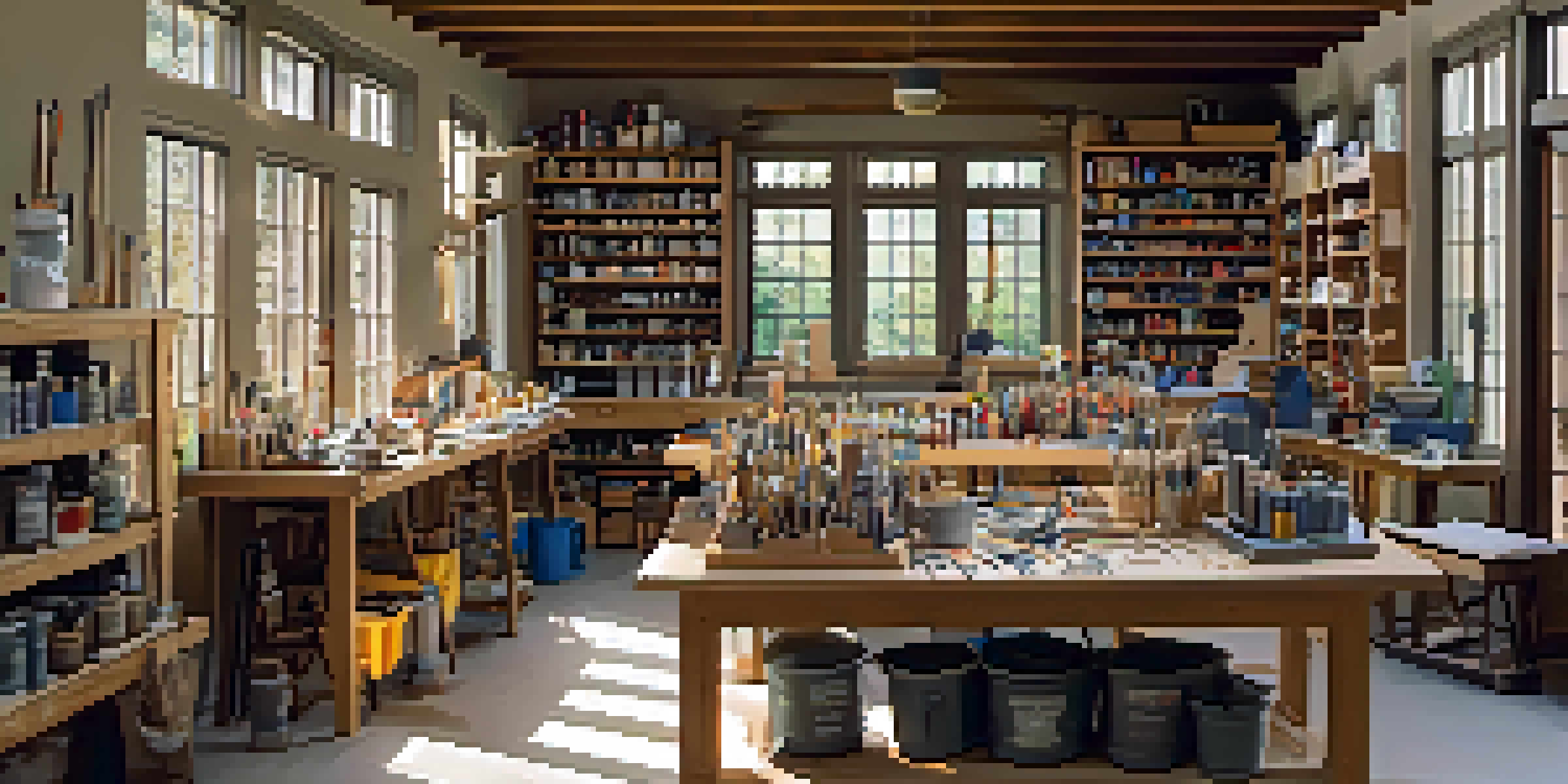 A bright and organized scale model workshop with a workbench full of tools and model kits, illuminated by natural light.
