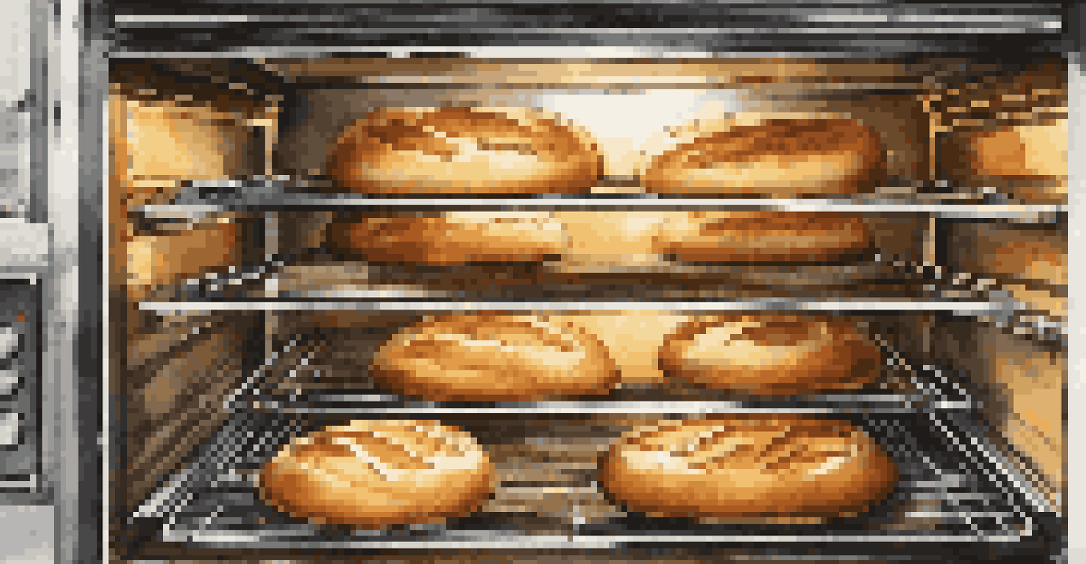 An overhead view of a convection oven with several loaves of bread baking, highlighting their crispy crusts and steam rising inside.