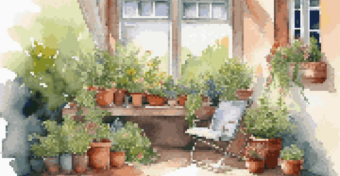A small balcony garden featuring potted herbs and colorful flowers under sunlight, with a cozy chair nearby.