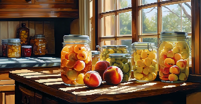 A rustic kitchen with peaches and pears on a wooden countertop and canning jars filled with preserves in the background.