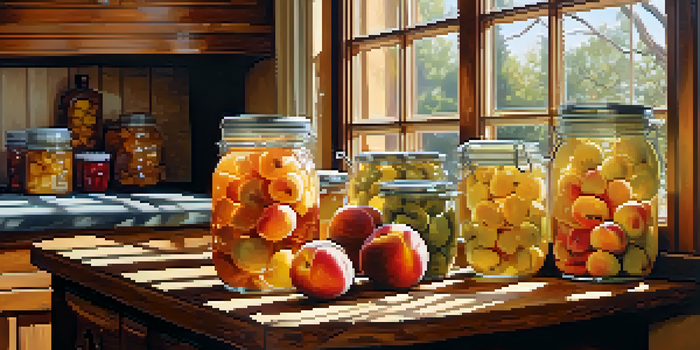 A rustic kitchen with peaches and pears on a wooden countertop and canning jars filled with preserves in the background.