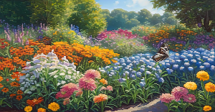 A colorful butterfly garden with various flowers and butterflies flying around under a sunny sky.