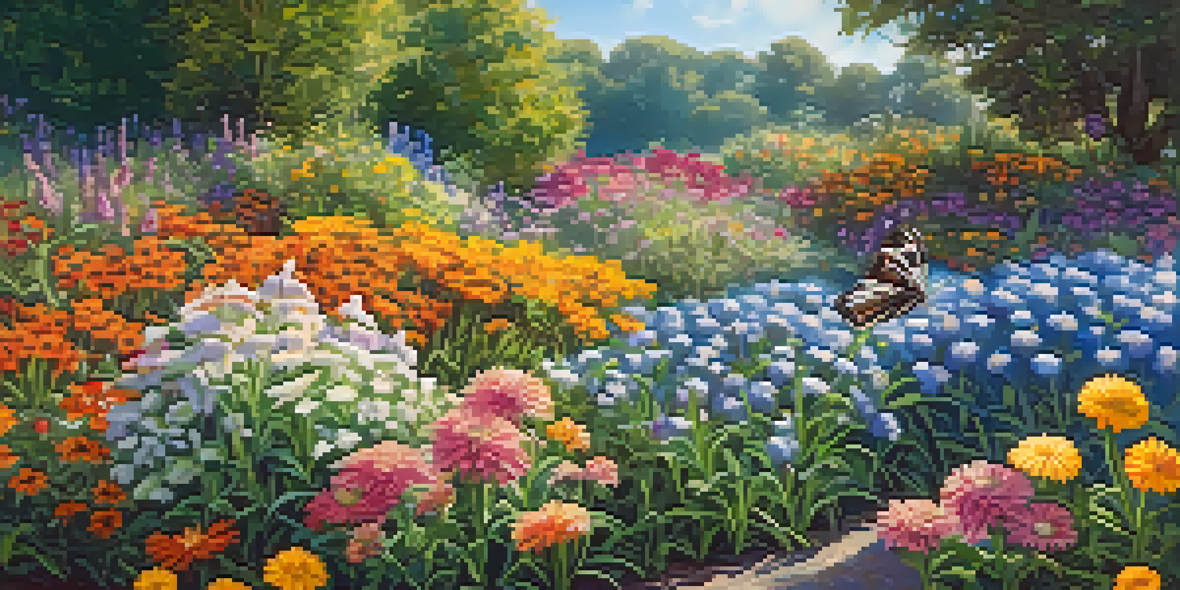 A colorful butterfly garden with various flowers and butterflies flying around under a sunny sky.