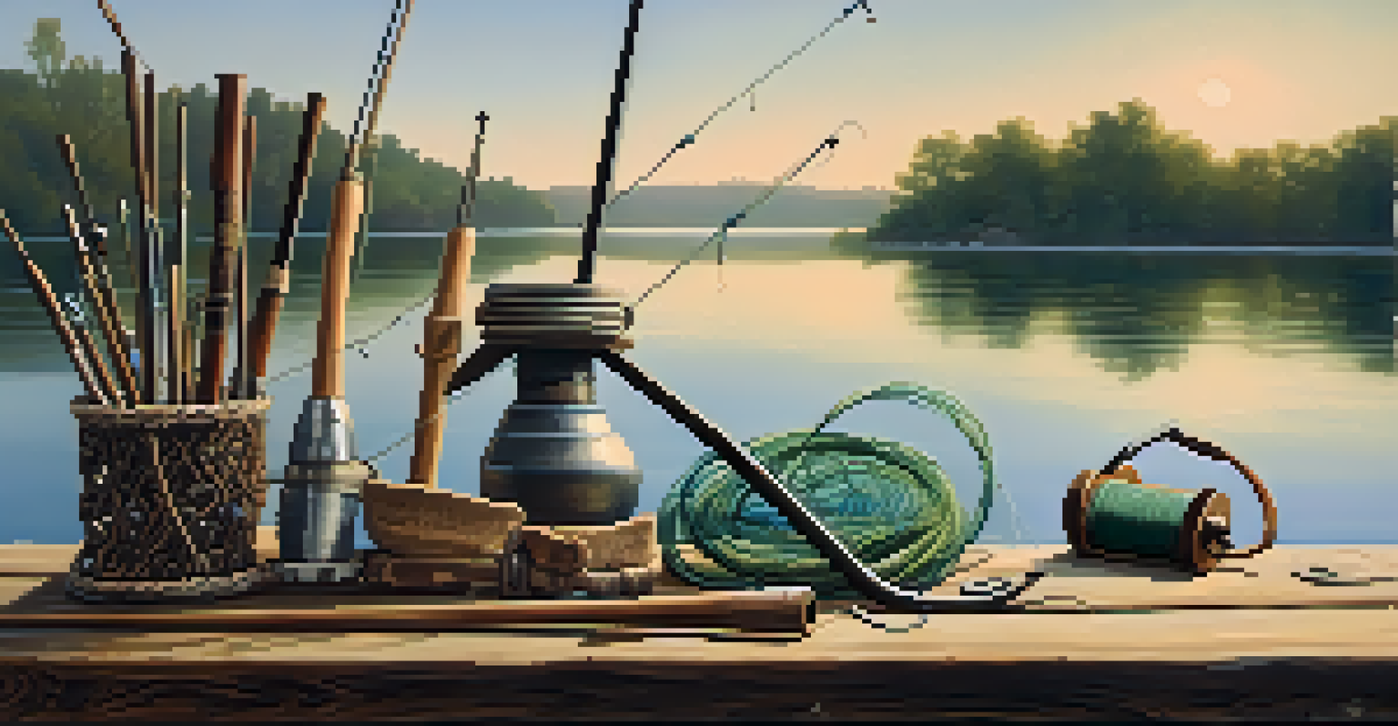 Vintage fishing tools arranged on a rustic wooden table with a lakeside view in the background, illuminated by soft morning light.