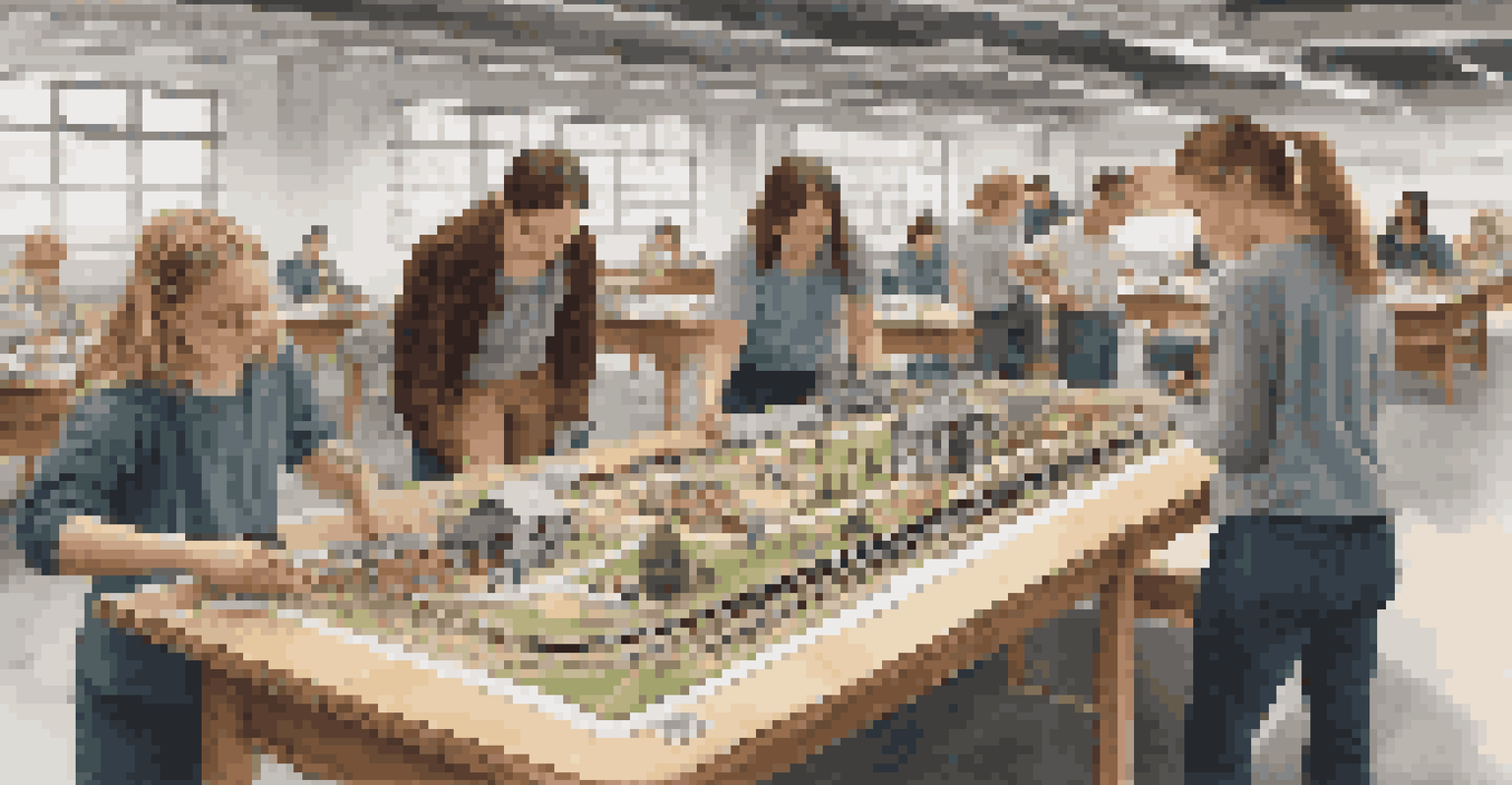 Students working together on a large scale model railway project in a classroom, discussing and building.