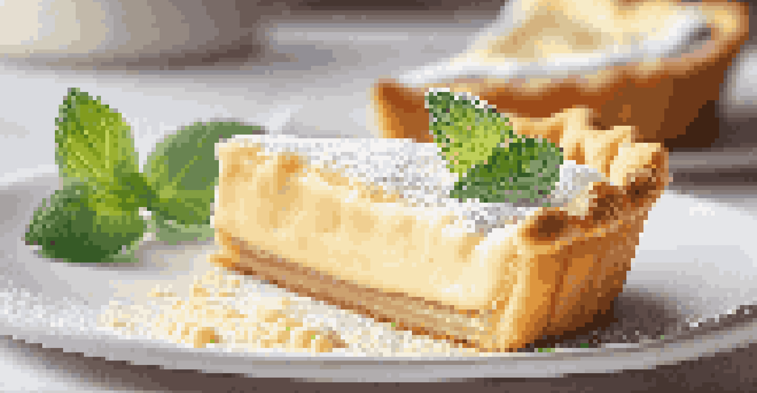 A slice of creamy pastry cream tart with flaky crust and mint garnish on a plate.