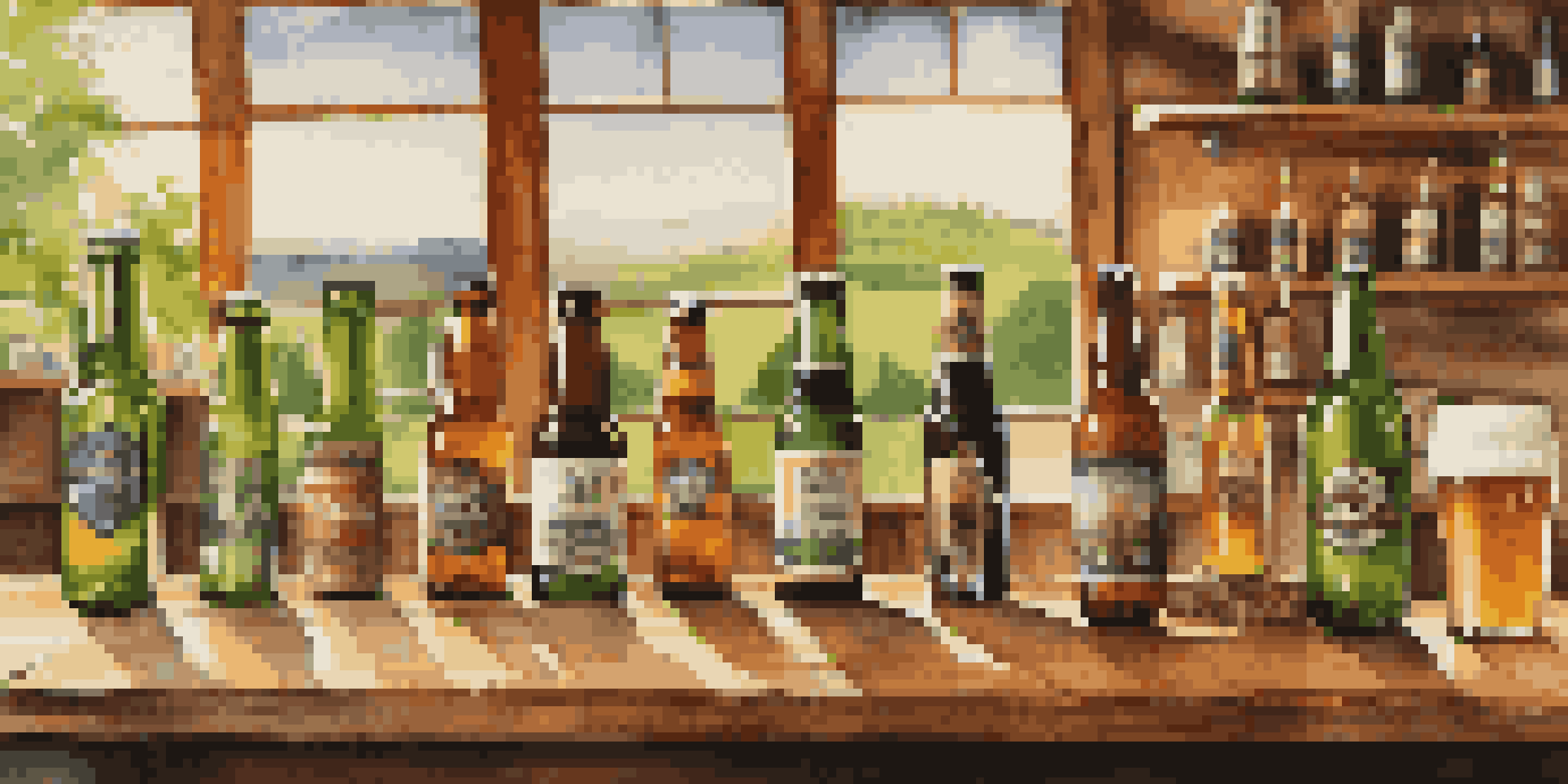 A rustic wooden table in a sunlit brewery with various beer bottles and brewing equipment, highlighted by a view of green landscape through a window.