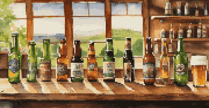A rustic wooden table in a sunlit brewery with various beer bottles and brewing equipment, highlighted by a view of green landscape through a window.