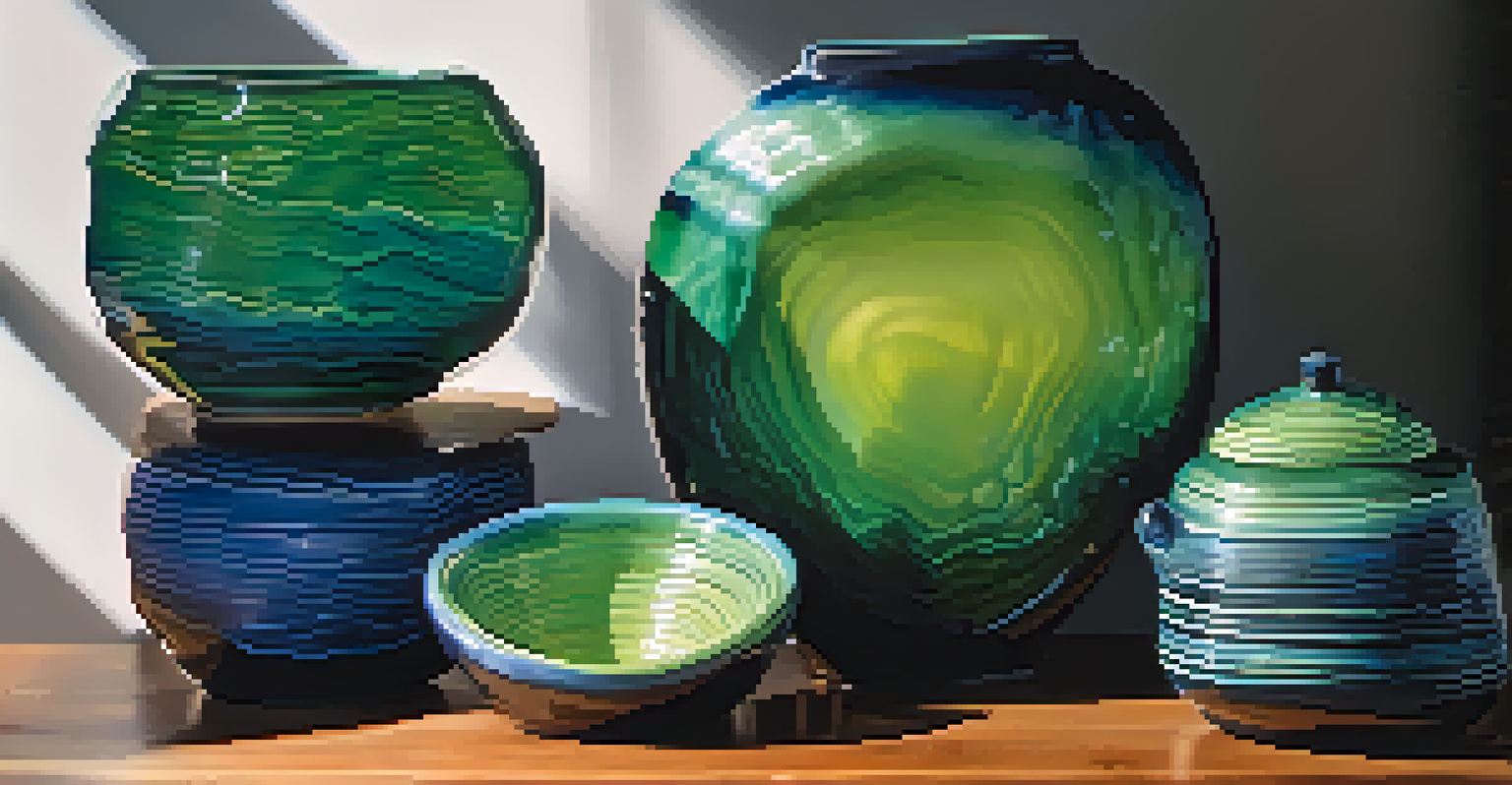 A close-up of a glazed ceramic sculpture with intricate textures and a gradient of blue and green colors, on a wooden table.