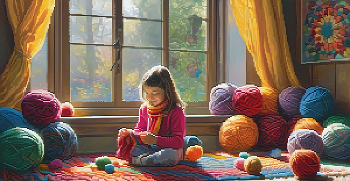 A child sitting on a rug, knitting a colorful scarf with vibrant yarn balls around them, in a cozy indoor setting with sunlight filtering through a window.