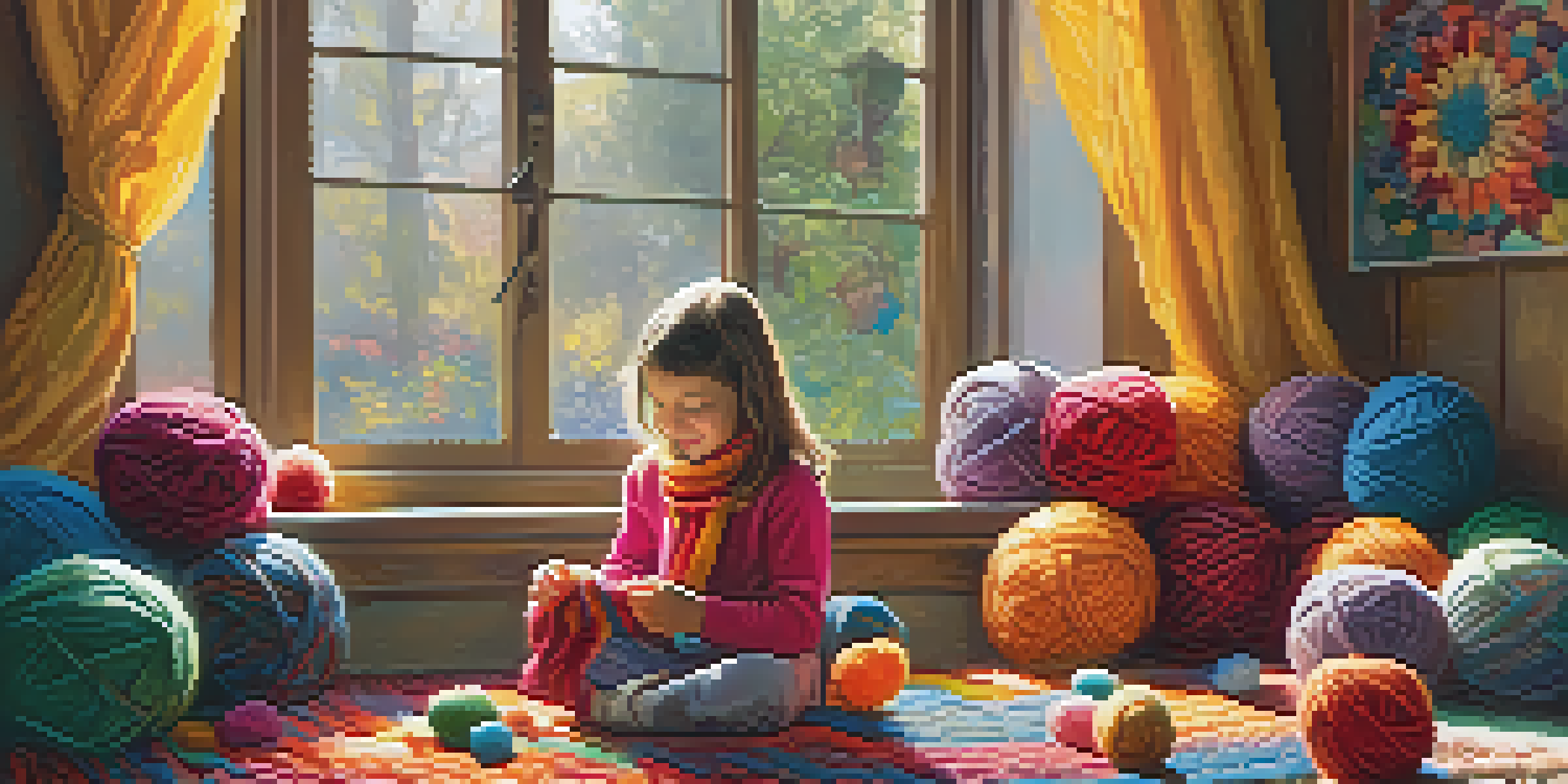A child sitting on a rug, knitting a colorful scarf with vibrant yarn balls around them, in a cozy indoor setting with sunlight filtering through a window.