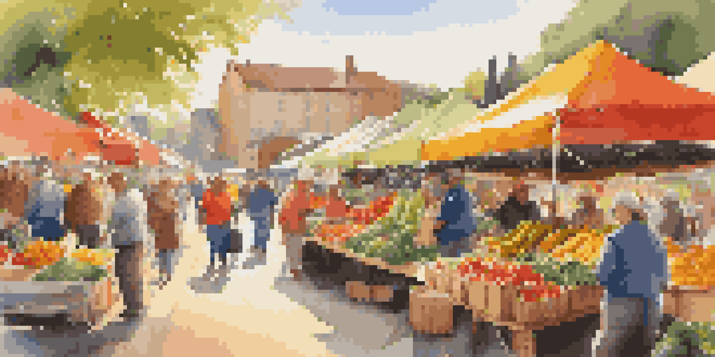 A lively farmers' market with colorful stalls filled with fresh produce and people interacting with each other.