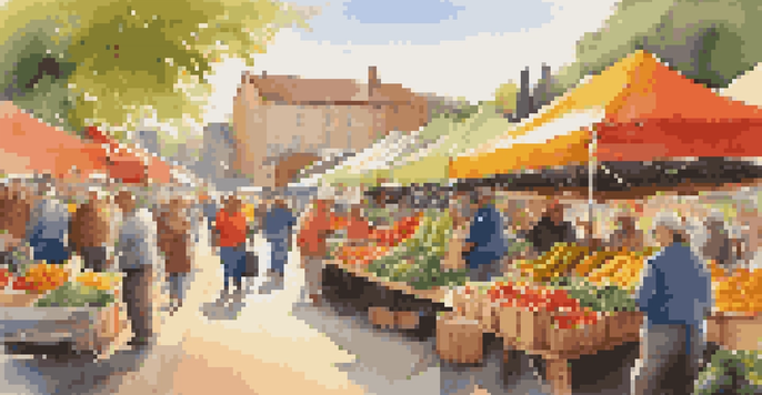 A lively farmers' market with colorful stalls filled with fresh produce and people interacting with each other.