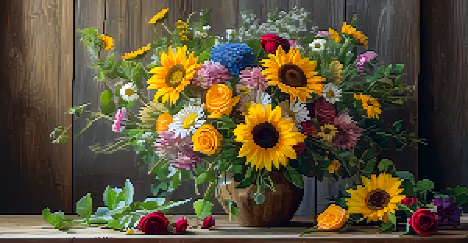 A close-up view of a colorful flower bouquet featuring sunflowers, roses, and daisies in a rustic vase on a wooden table, illuminated by soft light.