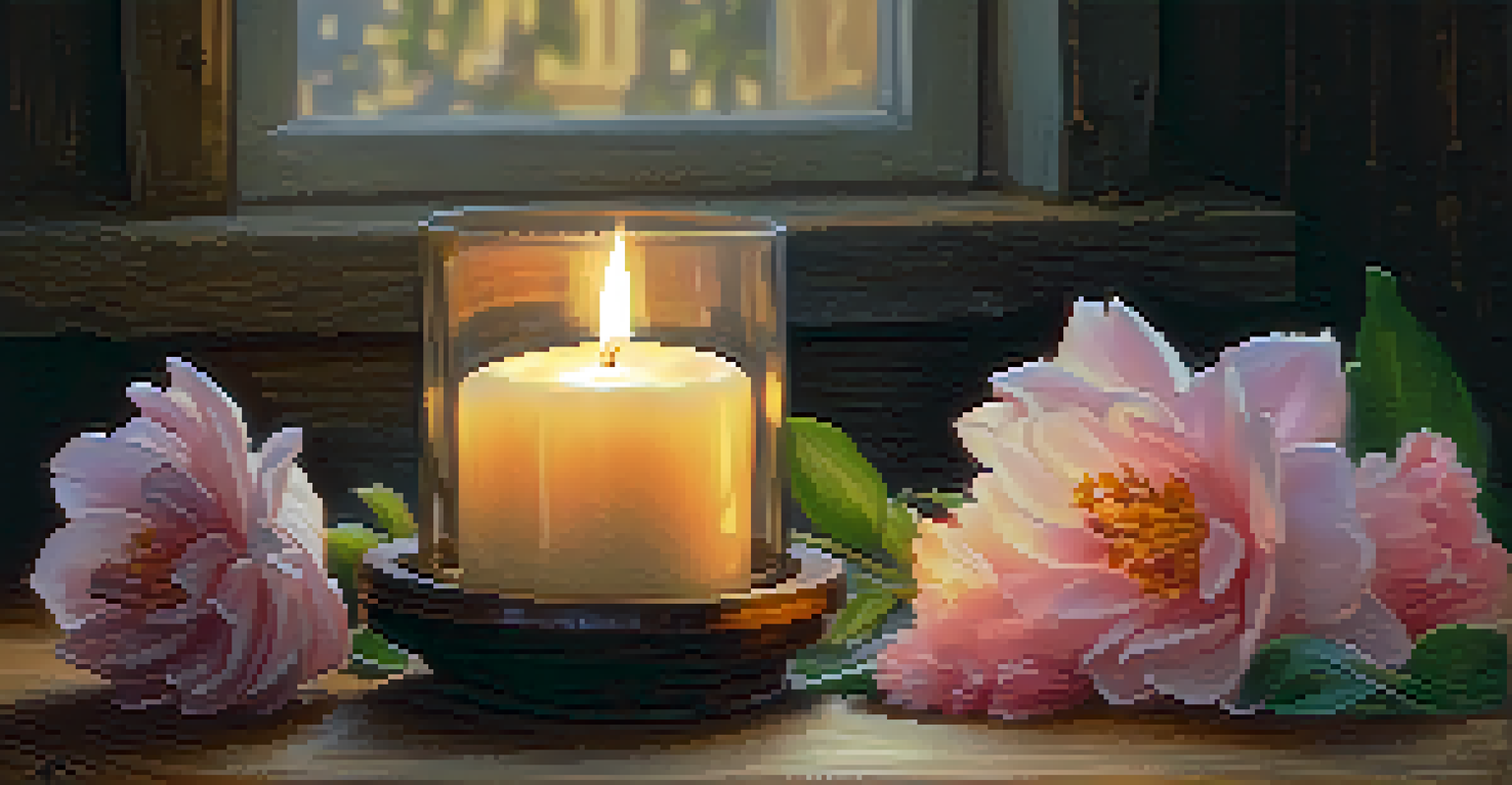 A lit candle with a wooden wick surrounded by flowers on a rustic wooden surface, creating a cozy atmosphere.