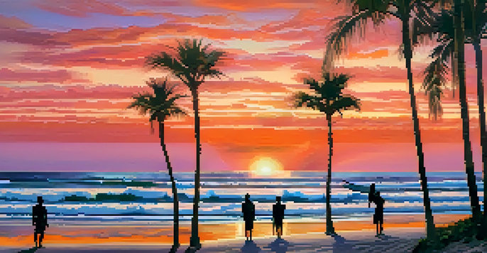 A sunset over a beach with surfers silhouetted against the colorful sky, surfboards in the sand, and palm trees.