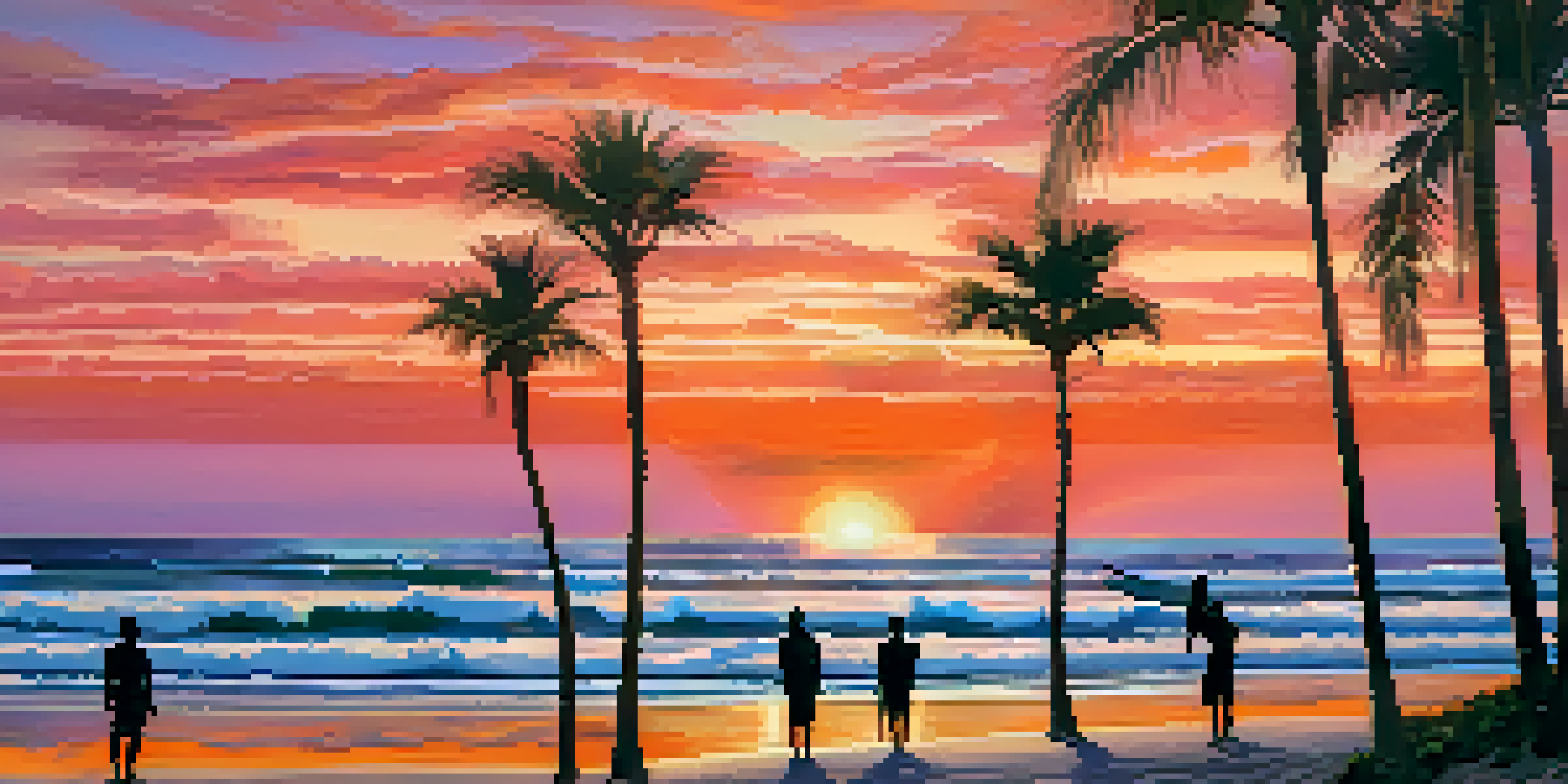 A sunset over a beach with surfers silhouetted against the colorful sky, surfboards in the sand, and palm trees.