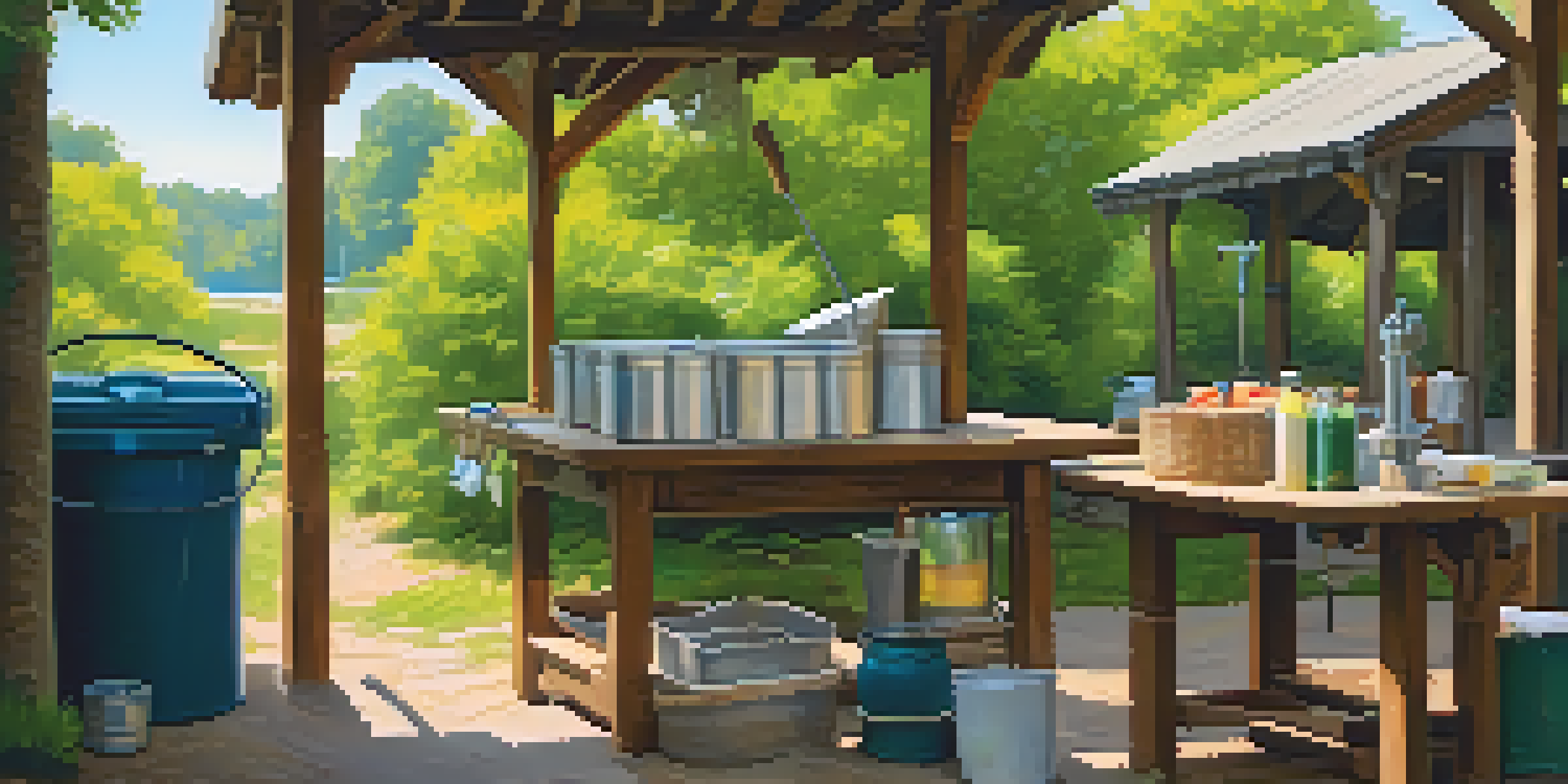 A fish cleaning station with a knife, cutting board, bucket, and cooler, set in a green outdoor area with soft lighting.