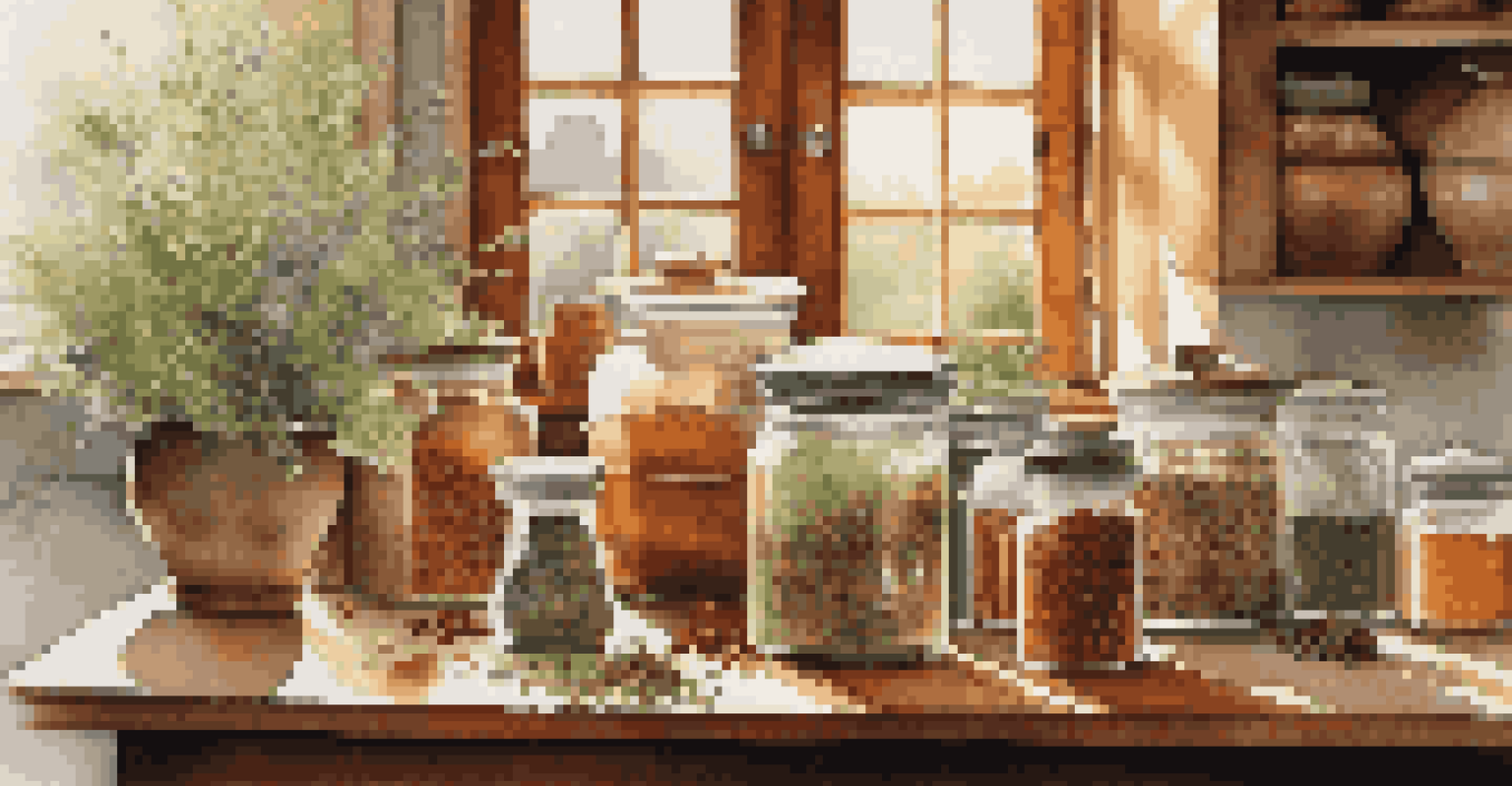A beautifully arranged kitchen table with decorative jars of spices, fresh herbs, and sunlight casting soft shadows.