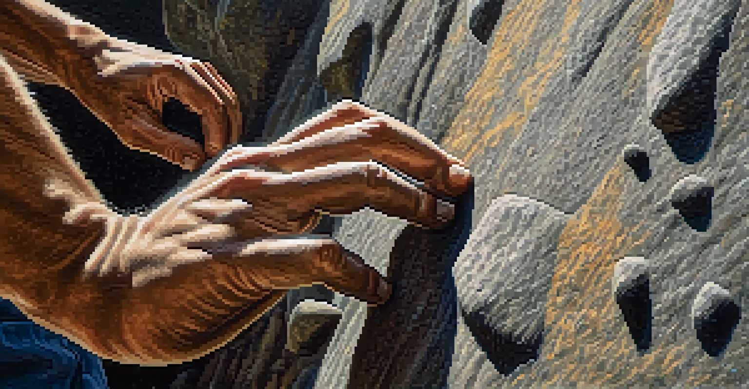 Close-up of hands gripping a rock while climbing, with chalk dust visible.