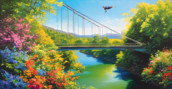 A bungee jumper leaps from a bridge surrounded by blooming flowers and lush greenery on a sunny day.