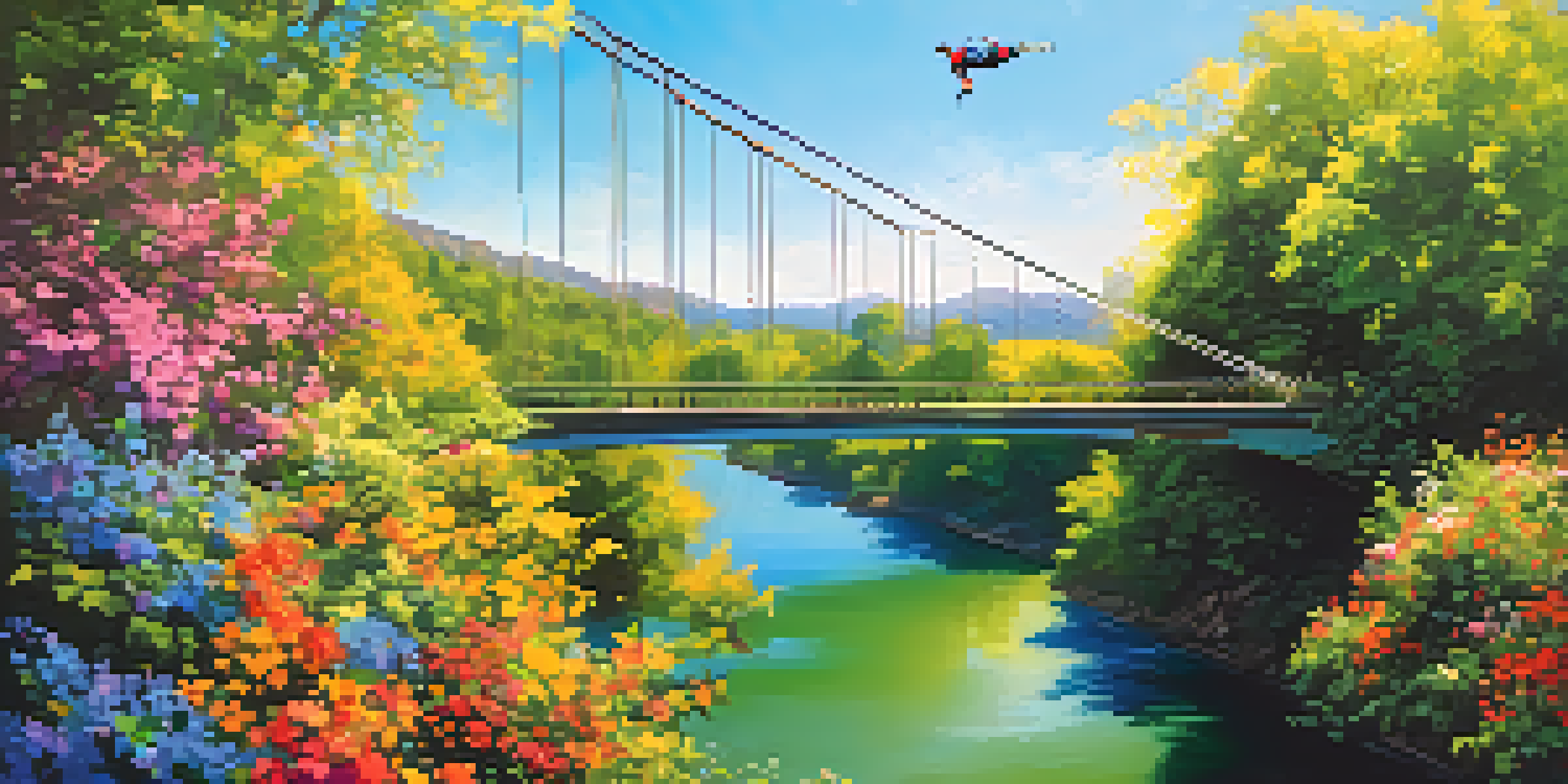 A bungee jumper leaps from a bridge surrounded by blooming flowers and lush greenery on a sunny day.