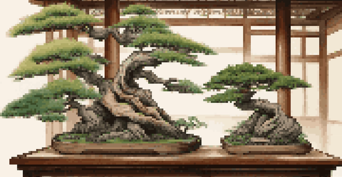 A tranquil bonsai exhibition with beautifully shaped bonsai trees on wooden stands, surrounded by greenery and traditional architecture, illuminated by soft natural light.