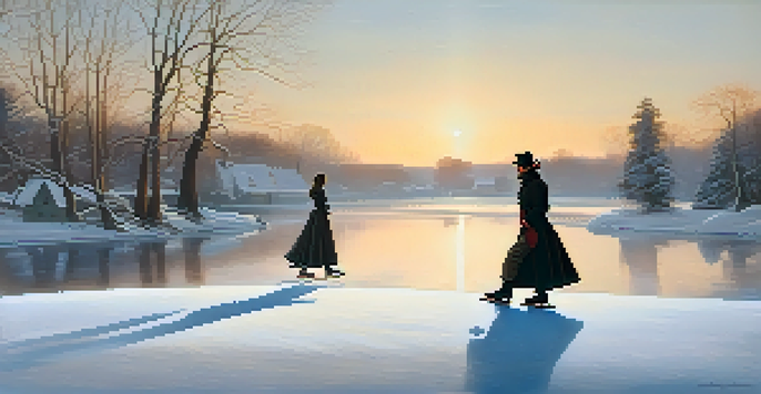 A couple in 19th-century attire ice skating on a frozen lake surrounded by trees and a village in the background.