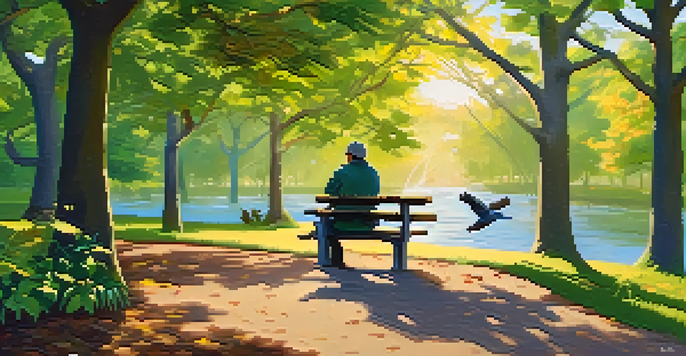 A person birdwatching in a park, sitting on a bench with binoculars, surrounded by trees and birds.