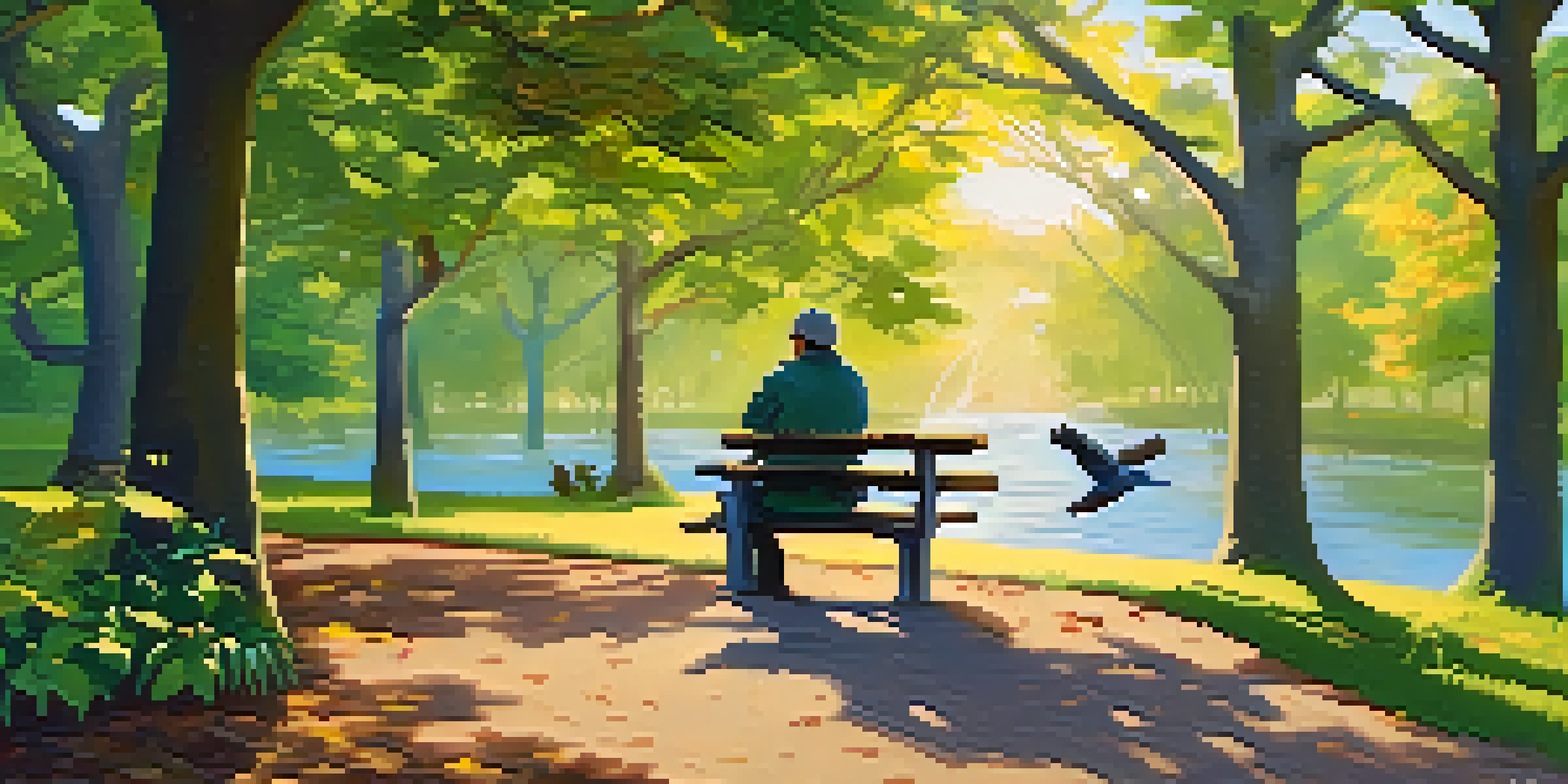 A person birdwatching in a park, sitting on a bench with binoculars, surrounded by trees and birds.