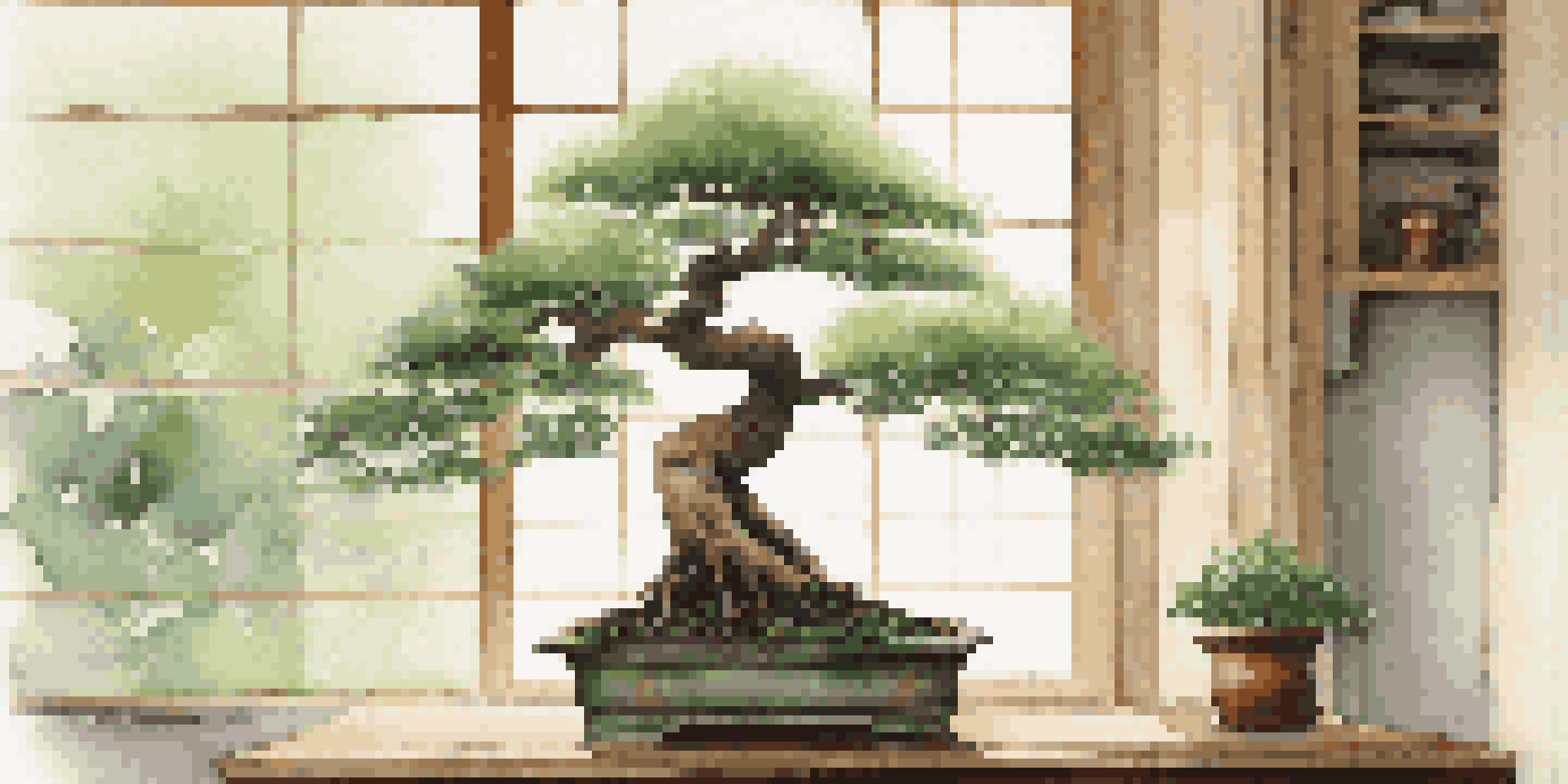 A bonsai tree displayed on a wooden table with soft light coming through a window, surrounded by other small plants in a cozy indoor garden.